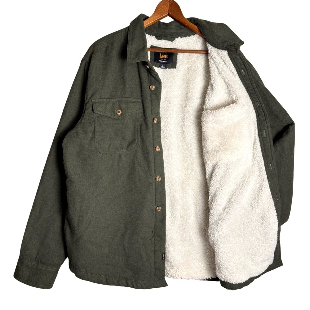 Lee Mens Regular Fit Sherpa Lined Shirt Jacket‎ Olive Green Heavyweight Large